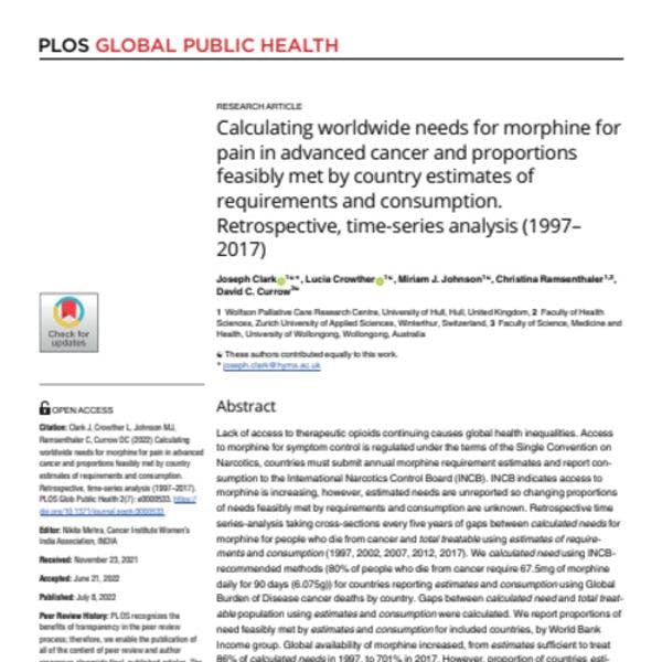 Calculando las necesidades de morfina a nivel mundial para aliviar el dolor en casos de cáncer avanzado y proporciones factiblemente satisfechas, mediante estimados de requerimientos y consumo por país 