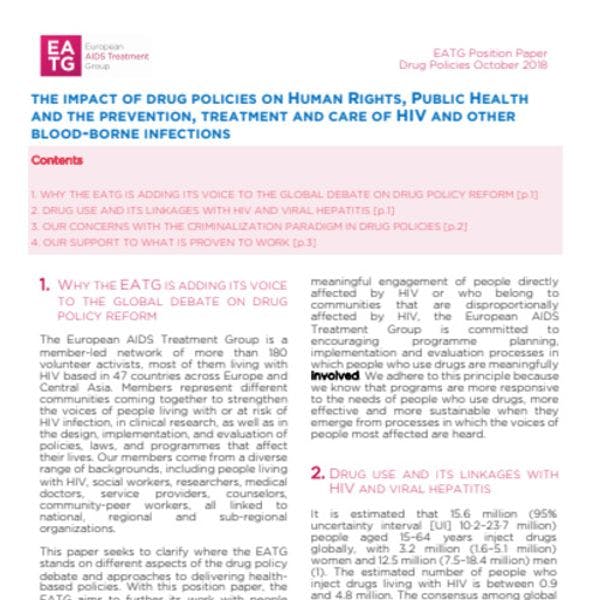 The impact of drug policies on human rights, public health and the prevention, treatment and care of HIV and other blood-borne infections