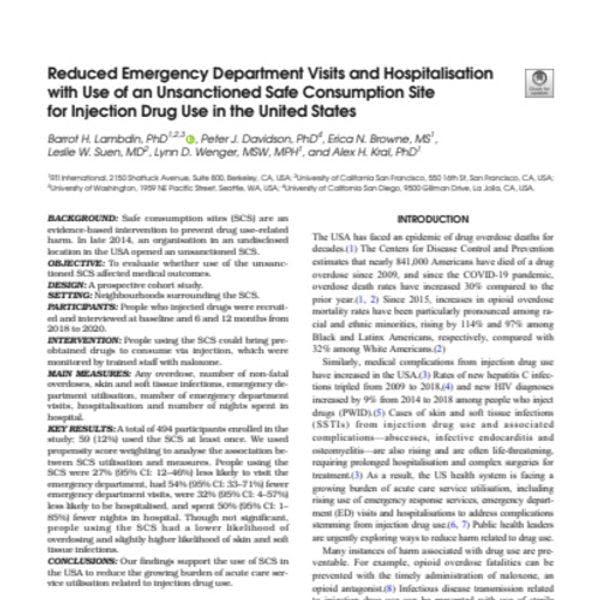 Réduction des visites aux services d'urgence et des hospitalisations grâce à l'utilisation d'un lieu de consommation sécurisée et non sanctionnée pour l'injection de drogues aux États-Unis