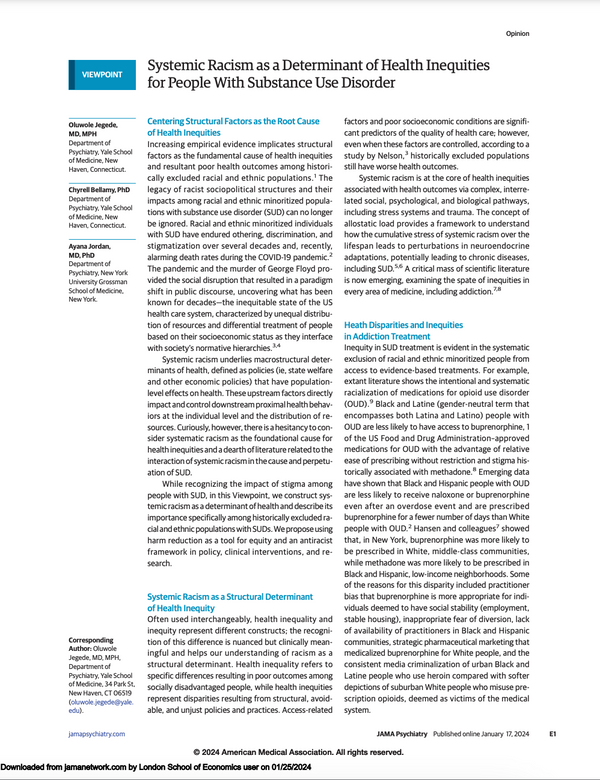 Systemic racism as a determinant of health inequities for people with substance use disorder