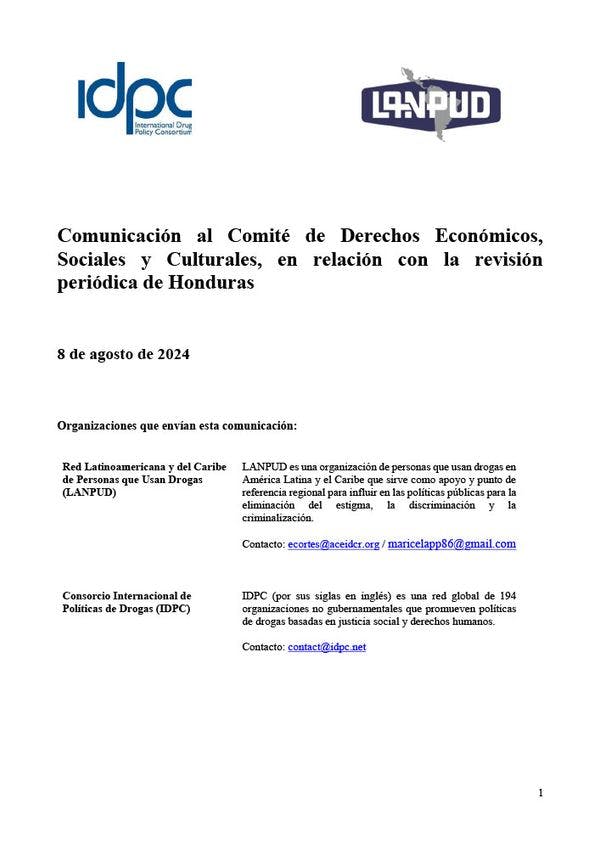 Comunicación al Comité de Derechos Económicos, Sociales y Culturales, en relación con la revisión periódica de Honduras 