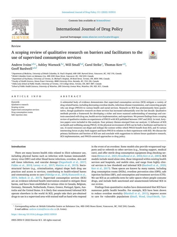 Examen de la portée de la recherche qualitative sur les obstacles et les facilitateurs de l'utilisation des services de consommation supervisée