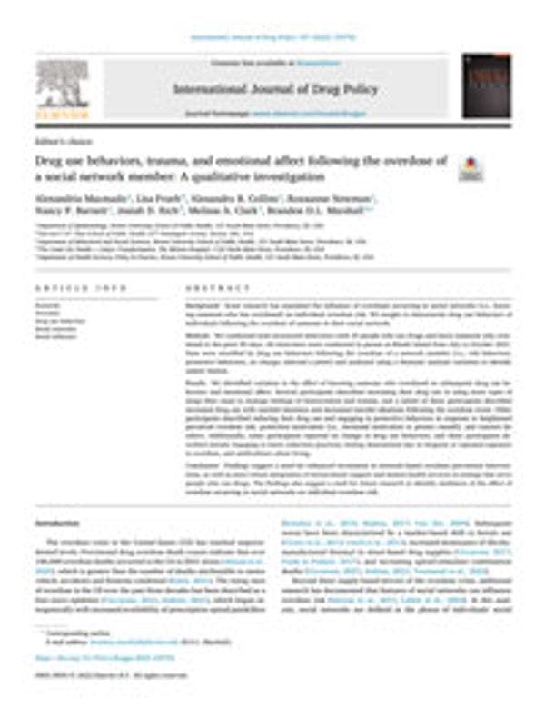 Drug use behaviours, trauma, and emotional affect following the overdose of a social network member: A qualitative investigation