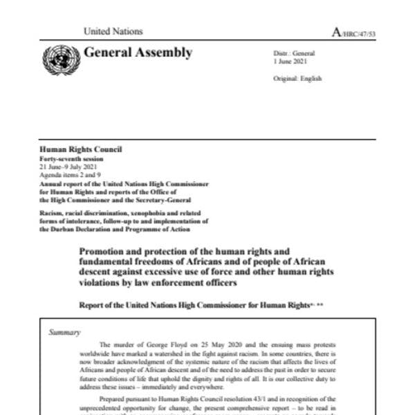 Promoción y protección de los derechos humanos y libertades fundamentales de africanos y afro-descendientes contra el uso excesivo de fuerza física y otras violaciones a los derechos humanos por parte de oficiales de las fuerzas del orden