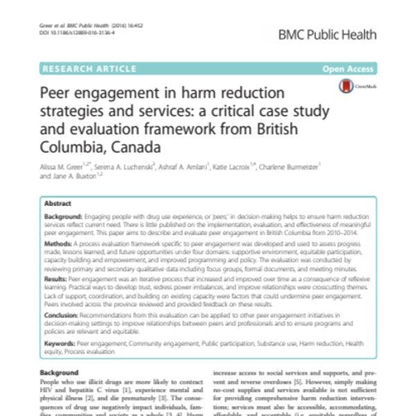 Engagement de pairs dans les stratégies et les services de réduction des risques: une étude de cas critique et un cadre d’évaluation provenant de la Colombie Britannique, au Canada