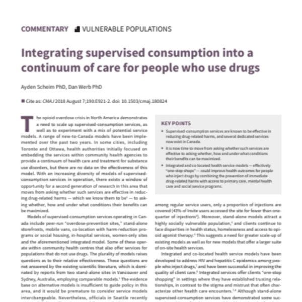 Intégrer la consommation supervisée dans le continuum des soins aux personnes usagères des drogues