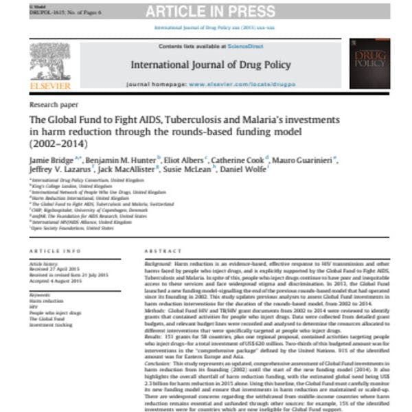 The Global Fund to fight AIDS, tuberculosis and malaria's investments in harm reduction through the rounds-based funding model (2002–2014)