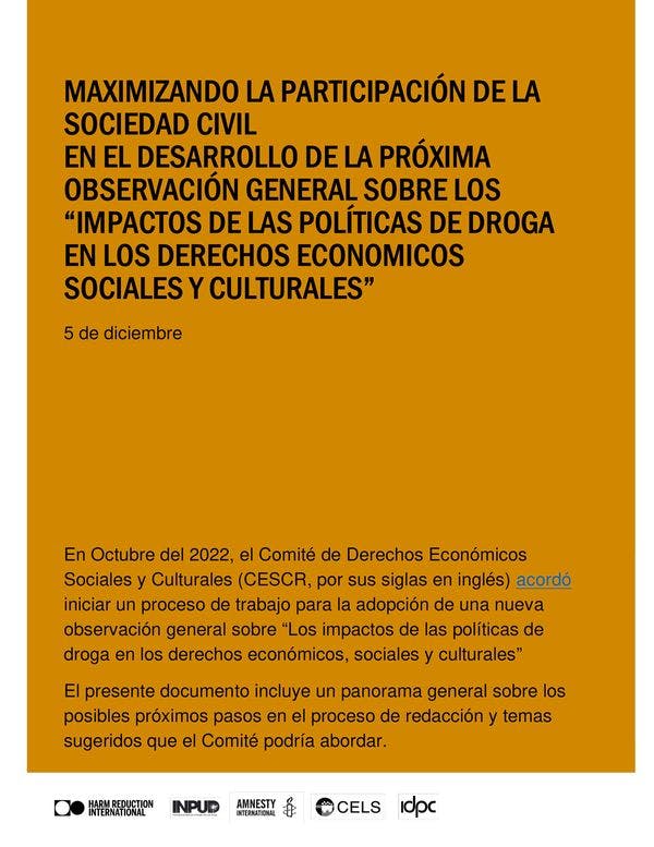 Observación general del Comité DESC de la ONU sobre las políticas de drogas: Maximizar la participación de la sociedad civil