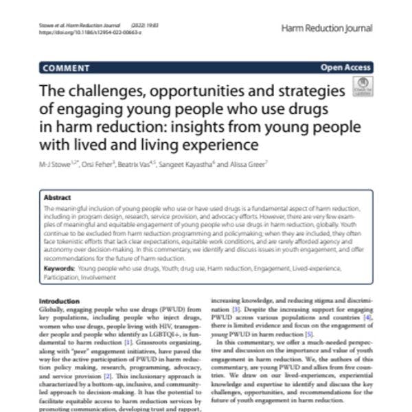 Les défis, opportunités et stratégies liés à l’implication de jeunes personnes faisant usage de drogues dans la réduction des risques : Témoignages de jeunes ayant une expérience vécue de ces questions