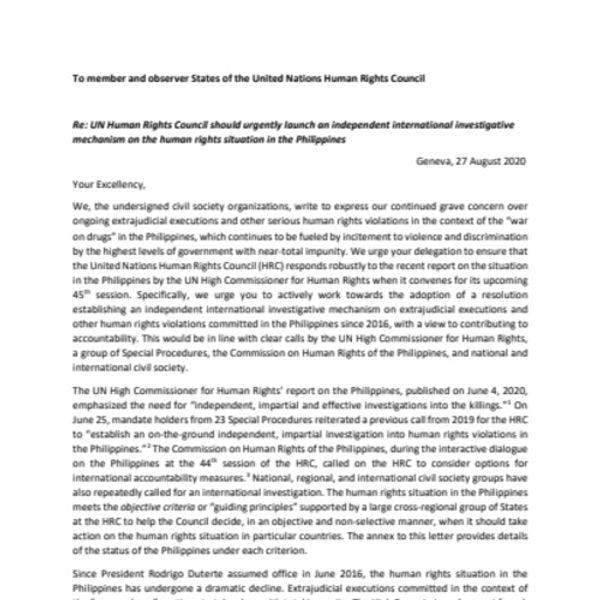 Le Conseil des droits de l'homme devrait agir sur les Philippines - Lettre de la société civile