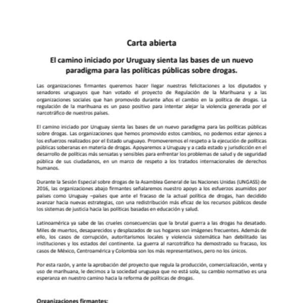 Carta abierta de 114 ONG: El camino iniciado por Uruguay sienta las bases de un nuevo paradigma para las políticas sobre drogas