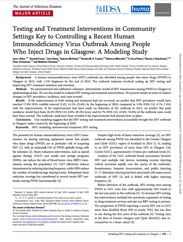 Les interventions de dépistage et de traitement en milieu communautaire sont essentielles pour contrôler une récente épidémie de VIH parmi les personnes qui s'injectent des drogues à Glasgow : Une étude de modélisation