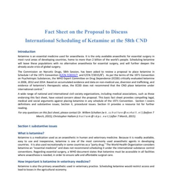 Fiche d'information sur la proposition de classifier la kétamine à la réunion de l'ONU sur la drogue