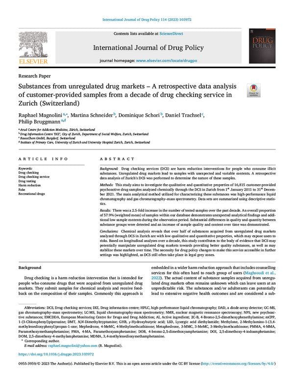 Substances provenant de marchés de drogues non réglementés - Analyse rétrospective d'échantillons fournis par des clients au cours d'une décennie de service d'analyse de substances à Zurich (Suisse)