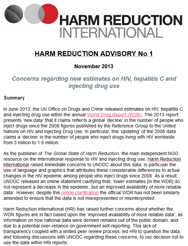 Concerns regarding new estimates on HIV, hepatitis C and injecting drug use