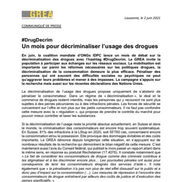 Communiqué : #Drugdecrim - Un mois pour décriminaliser l'usage des drogues