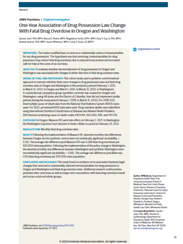 One-year association of drug possession law change with fatal drug overdose in Oregon and Washington