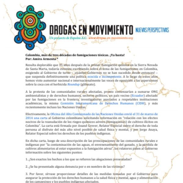 Colombia, más de tres décadas de fumigaciones tóxicas. ¡Ya basta!