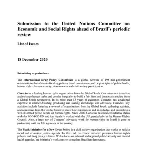 Soumission au  Comité des droits économiques, sociaux et culturels des Nations Unies avant l’examen périodique du Brésil