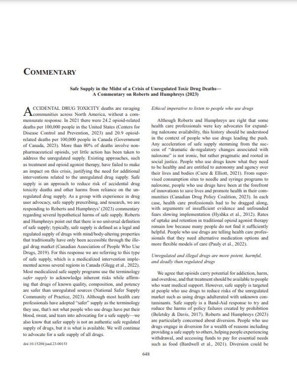 Safe supply in the midst of a crisis of unregulated toxic drug deaths — a commentary on Roberts and Humphreys