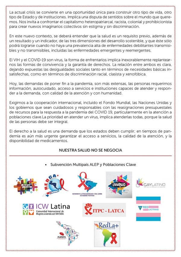 Nuestra salud no se negocia - Comunicado de redes de poblaciones clave en América Latina