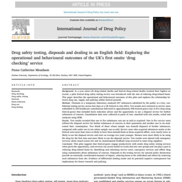 Análisis de sustancias, descartes y tráfico en un caso en Inglaterra: Exploración de las consecuencias operacionales y comportamentales del primer servicio de verificación de sustancias in situ