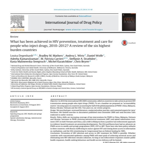 What has been achieved in HIV prevention, treatment and care for people who inject drugs, 2010–2012?