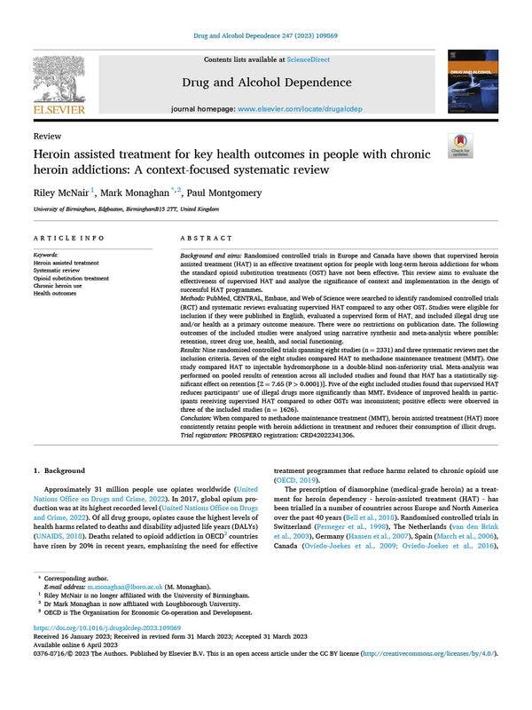 Tratamiento asistido con heroína para resultados de salud clave en personas con adicción crónica a la heroína: Una evaluación sistemática enfocada en el contexto