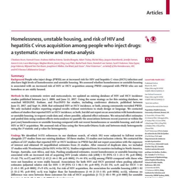 Sans-abrisme, situation de logement instable et risque d’infection au VIH et à l’hépatite C parmi les usagers de drogues : un examen systémique et une méta-analyse