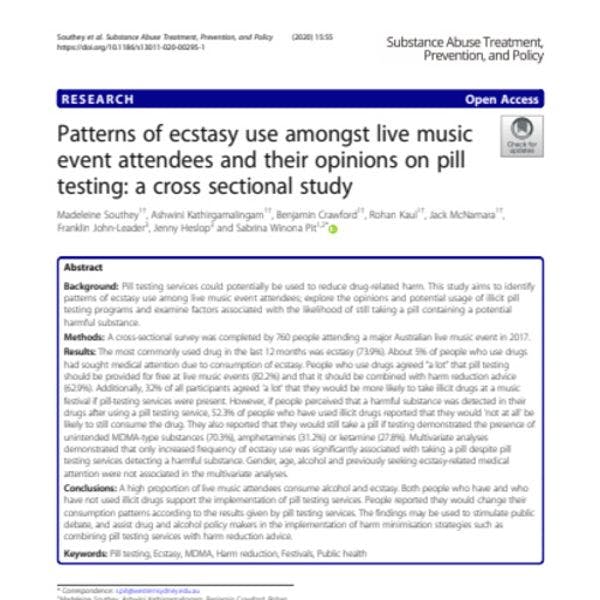 Modes de consommation de l’ecstasy parmi les participants aux événements musicaux en direct et leurs opinions à propos de la vérification des comprimés : une étude transversale