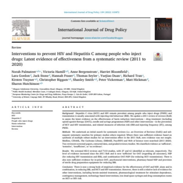 Interventions to prevent HIV and Hepatitis C among people who inject drugs: Latest evidence of effectiveness from a systematic review