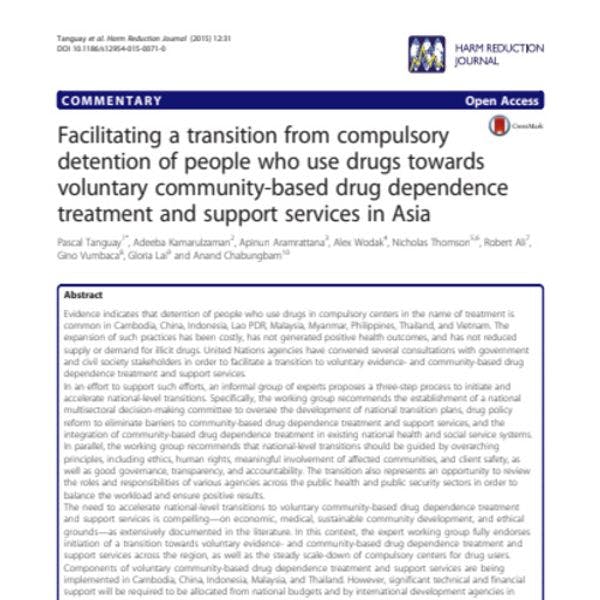 Facilitando una transición de la detención obligatoria de las personas que usan drogas a servicios de tratamiento y apoyo de la dependencia voluntarios y de base comunitaria en Asia