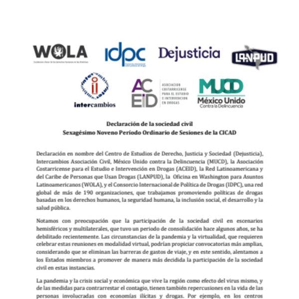 Declaración de la sociedad civil al 69º período de sesiones de CICAD: La reforma de las políticas de drogas debe volver a la agenda