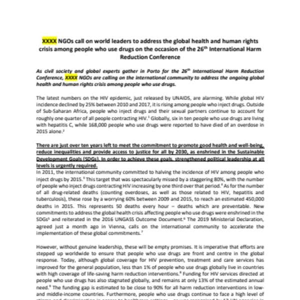 300+ NGOs call on world leaders to address the global health and human rights crisis among people who use drugs on the occasion of the 26th International Harm Reduction Conference 