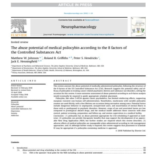 The abuse potential of medical psilocybin according to the 8 factors of the Controlled Substances Act in the United States