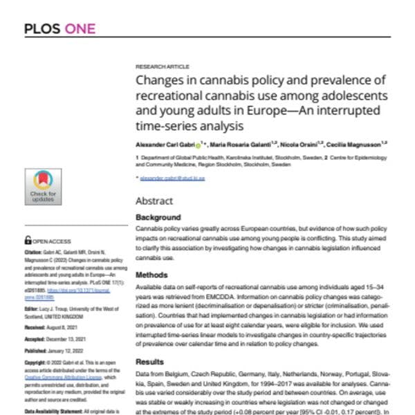 Cambios en cuanto a políticas referidas a cannabis y prevalencia de consumo de cannabis recreacional entre adolescentes y adultos jóvenes en Europa — Un análisis de series de tiempo interrumpido 