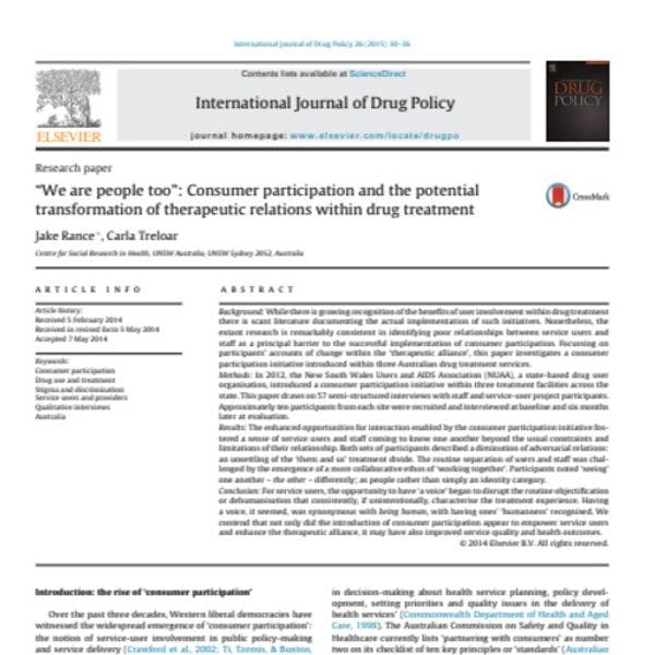 “We are people too”: Consumer participation and the potential transformation of therapeutic relations within drug treatment