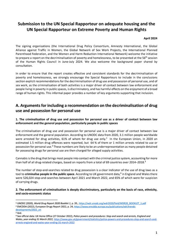 Descriminalizar el consumo de drogas y el trabajo sexual para poner fin a la criminalización de la pobreza y la falta de vivienda - Contribución a Relatores Especiales de la ONU