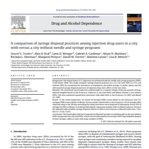 Comparaison des pratiques de mise à disposition de seringues parmi les usagers de drogues injectables entre deux villes  