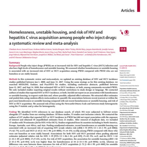 Indigencia, vivienda inestable y riesgo de contraer VIH y hepatitis C entre personas que se inyectan drogas: una revisión y meta-análisis sistemáticos