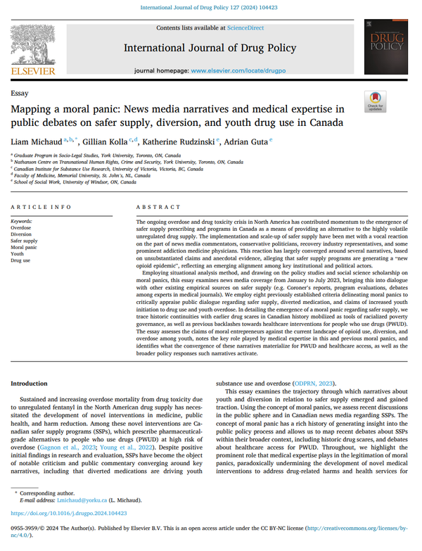 Mapping a moral panic: News media narratives and medical expertise in public debates on safer supply, diversion, and youth drug use in Canada