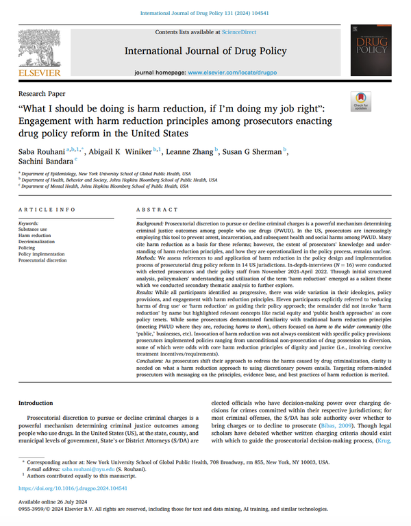 “What I should be doing is harm reduction, if I’m doing my job right”: Engagement with harm reduction principles among prosecutors enacting drug policy reform in the United States