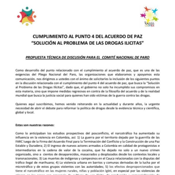 Propuesta de discusión para comité nacional del paro en Colombia: Punto 4 Acuerdo de Paz