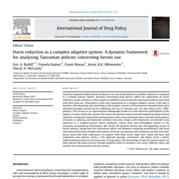 Harm reduction as a complex adaptive system: A dynamic framework for analyzing Tanzanian policies concerning heroin use