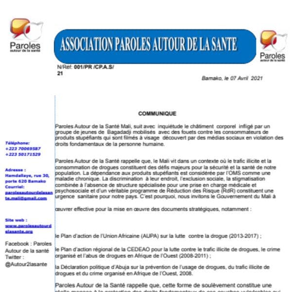 Paroles Autour de la Santé dénonce des violences envers des personnes usagères des drogues à Bamako, Mali