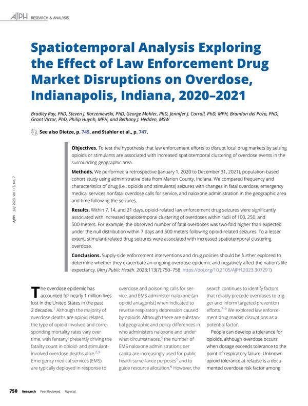 Análisis espacio-temporal que explora el efecto de los trastornos en el mercado de drogas causados por la aplicación de la ley, respecto a las sobredosis en Indianápolis, Indiana, 2020-2021