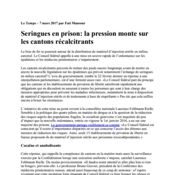 Seringues en prison: la pression monte sur les cantons récalcitrants en Suisse