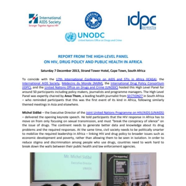 Informe del panel de alto nivel sobre VIH, políticas de drogas y salúd pública en África