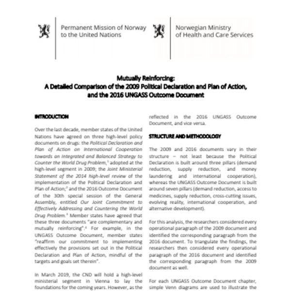 Mutually reinforcing: A detailed comparison of the 2009 Political Declaration and Plan of Action, and the 2016 UNGASS Outcome Document