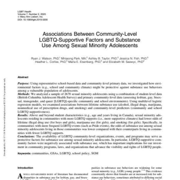 Liens entre soutien communautaire pour des personnes LGBTQ et usage de substances entre adolescents des minorités sexuelles